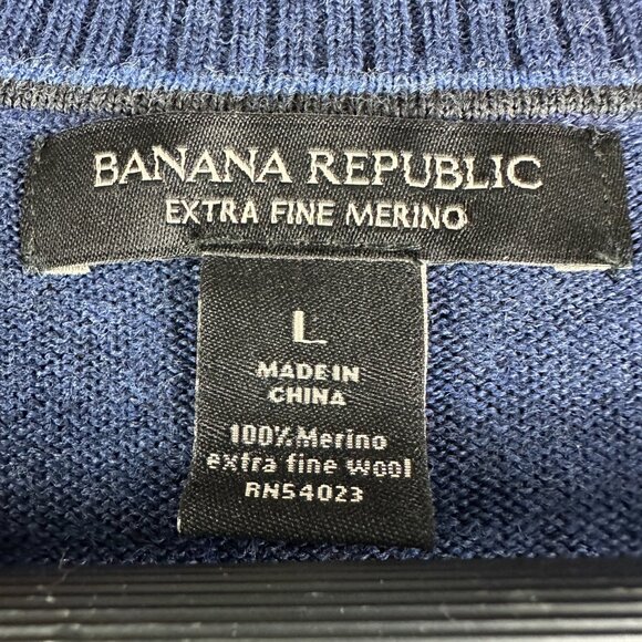 Banana Republic Sweater Mens Large Blue Extra Fine Merino Wool V Neck Rib Cuffs - Picture 5 of 8